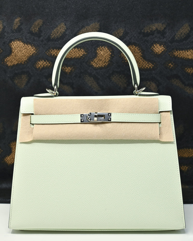 Hermes Kelly 25 Epsom Vert Lizz Palladium Hardware Brand New Handbags Medusa jewelry