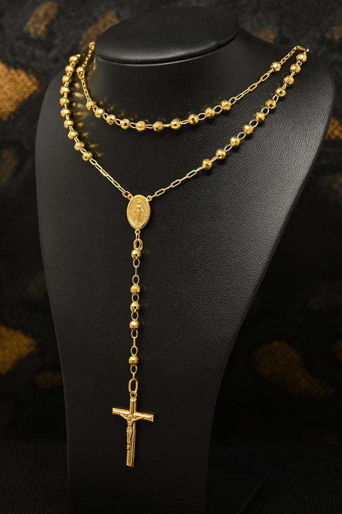 4mm Tri-Color Diamond Cut Cross Rosary Crucifix Necklace 10K Tri Color Gold